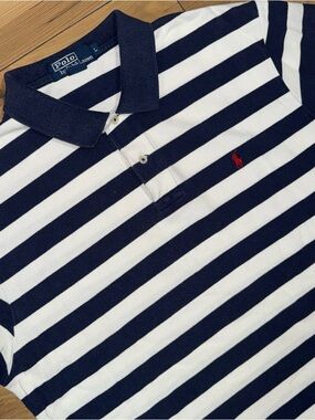 Polo Ralph Lauren Polo Shirt Mens L Blue White Stripe Cotton Classic Fit Casual